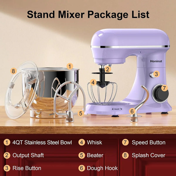 4QT Electric Stand Mixer, 10-Speed Tilt-Head Compact Kitchen Mixer | Multiple Stylish Colors | Food Mixer with Dough Hook & Beater & Whisk | for Cake & Bread | Dishwasher-Safe | Purple2