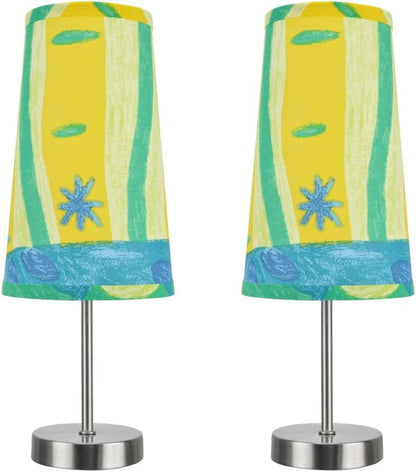 40084-4A, 2-Pack Set - 1 Light Candlestick Table Lamp, Contemporary Design in Satin Nickel, 14 1/4" High, Blue, Yellow, Green Lamp Shade1