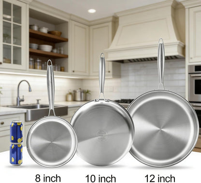 Tri-Ply Stainless Steel Frying Pan 8 Inch Small Skillet for Chef'S Cooking Pan Induction Oven Dishwasher Safe, Compatible with All Cooktops up to 600℉ with Kitchen Tongs(Detachable Handle)5