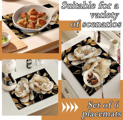 White Flowers Placemats Set of 6,Glitter Blooming Washable Dining Table Mats for Kitchen Party Decorative Linen Table Mats 12 X 18 Inches6
