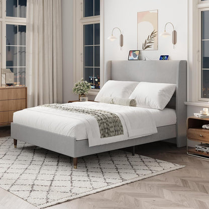Queen Bed Frame with Upholstered Linen Headboard, Platform Bed with USB Charging Ports, Sturdy Metal Frame, No Box Spring Required, Quiet Noise-Free Modern Bedroom Furniture, Grey9