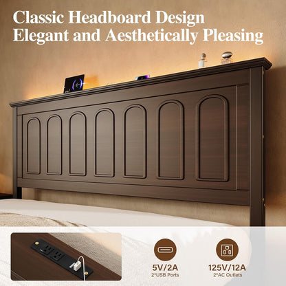 Queen Size Bed Frame with Headboard, Wood Platform Bed3