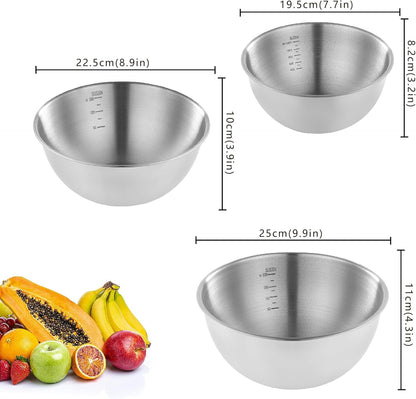 Stainless Steel Mixing Bowls Set of 3，Nesting Metal Prep Bowls with Interior Measurement Marks for Baking, Cooking & Food Storage - Space Saving, Rust-Proof & Dishwasher Safe2