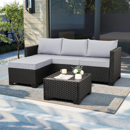 3 Pieces Patio Furniture Set Outdoor Sectional Wicker Patio Furniture Patio Couch with Ottoman and Outdoor Table All-Weather Anti-Slip Cushions Waterproof Covers, Light Grey3