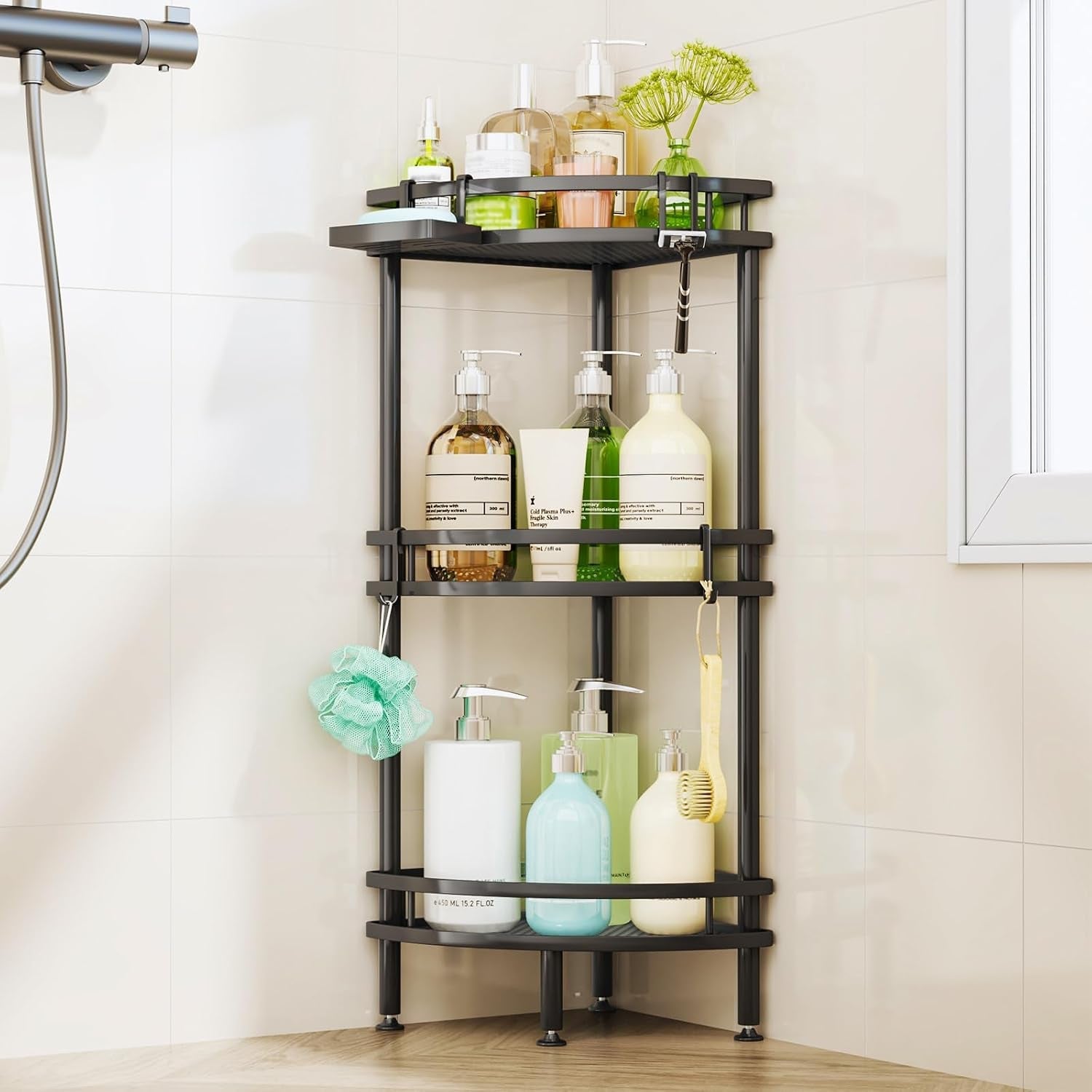 standing-corner-shower-caddy-3-tier-shower-organizer-corner-with-soap-holder-and-4-hooks-rustproof-bathroom-storage-shelves-with-adhesives-black