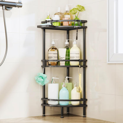 Standing Corner Shower Caddy - 3 Tier Shower Organizer Corner with Soap Holder and 4 Hooks, Rustproof Bathroom Storage Shelves with Adhesives, Black1