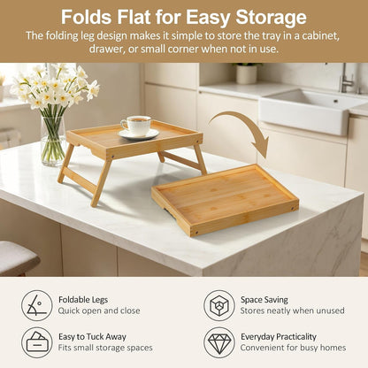 2 Pack Bamboo Bed Tray Tables with Folding Legs, Medium, Natural | Set of 2 Bamboo Bed Trays with Folding Legs and Wave Handles for Meals, Laptops and Serving in Bed or on Sofa.4