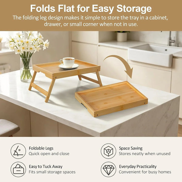 2 Pack Bamboo Bed Tray Tables with Folding Legs, Medium, Natural | Set of 2 Bamboo Bed Trays with Folding Legs and Wave Handles for Meals, Laptops and Serving in Bed or on Sofa.4