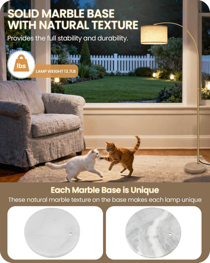 75" Arc Floor Lamp with Marble Base and Adjustable Height, Rotating Hanging Shade, Dimmable Gold Floor Lamp for Living Room with Remote and Foot Switch, 3 Color Temperatures, Timer, DE15LD052