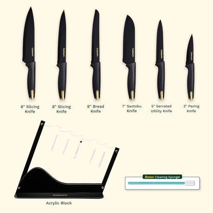 Advantage Nonstick Ceramic-Coated Knife Set, 7-Piece Acrylic Block Stainless Steel Knives for Precise Cutting, Durable Kitchen Knife Set with Ergonomic Handles, G1042-7BG5