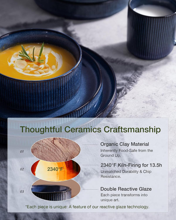 Star Stoneware Dinnerware Sets with Pasta Bowls, 24Pc Dishes for 65