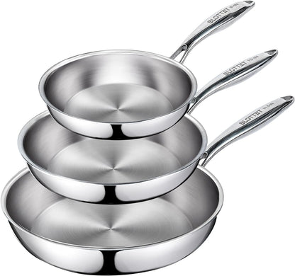 Frying Pan Set(8+10+11.5Inch) Tri-Ply Stainless Steel Frying Pan,Whole-Clad No Coatings Skillet with Stay-Cool Handle for Cooking,Dishwasher and Oven Safe,Induction Cookware Sets1