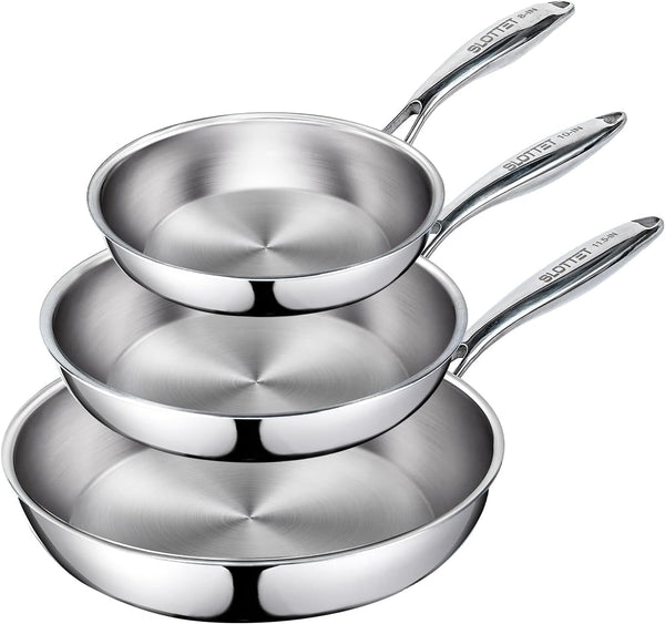 Frying Pan Set(8+10+11.5Inch) Tri-Ply Stainless Steel Frying Pan,Whole-Clad No Coatings Skillet with Stay-Cool Handle for Cooking,Dishwasher and Oven Safe,Induction Cookware Sets1