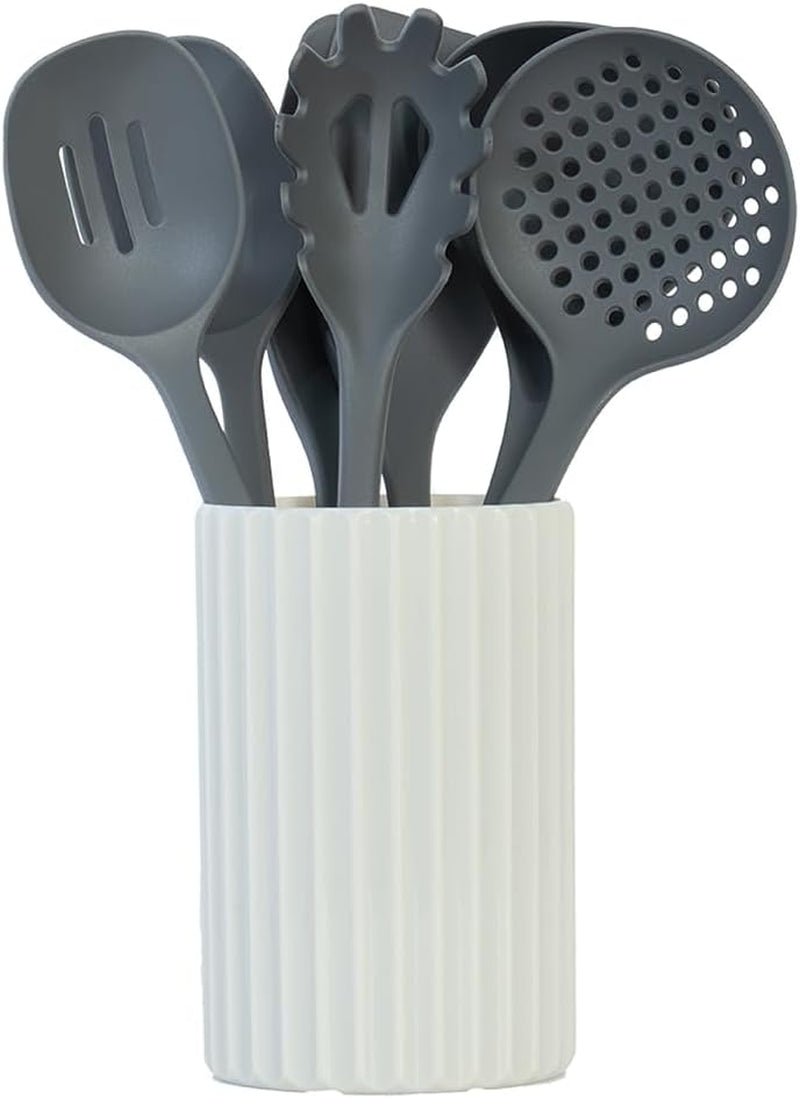 kitchen-utensils-set-8pcs-nonstick-cooking-tools-with-utensil-holder-nylon-spoon-ladle-skimmer-spaghetti-server-and-turner-spatula-set-dishwasher-safe-grey