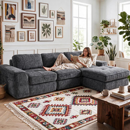 123" Oversized L Shaped Boneless Couch, Modular Sectional Sofa,Grey3