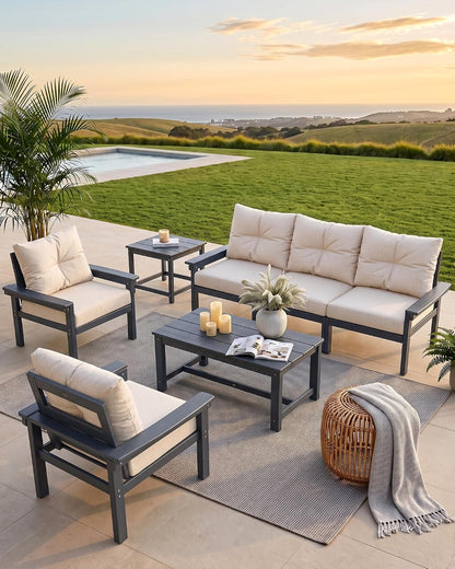 HDPE Outdoor Patio Furniture Set, Grey Frame & Beige Cushions6