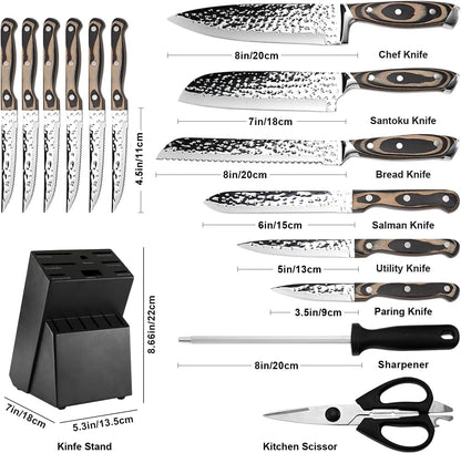 Knife Sets for Kitchen,15-Piece Hammered Desgin Knife Set with Block and Sharpener, High Carbon Stainless Steel Chef Knives with Grey Triple Rivet Handle, Ultra Sharp and Dishwash Safe2