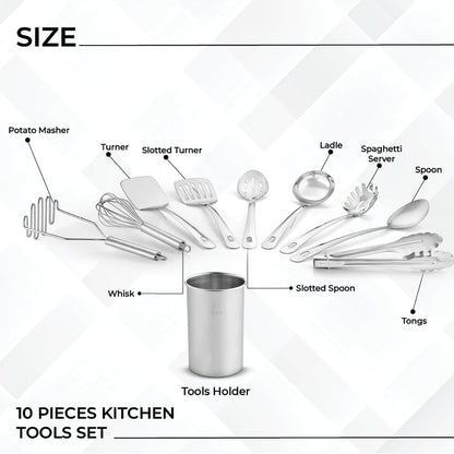 ® Premium Set of 10 Stainless Steel Kitchen Tool Set with Holder Easy to Clean, Space Saving, Great for Cooking, Baking, Prepping2