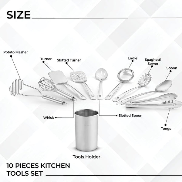 ® Premium Set of 10 Stainless Steel Kitchen Tool Set with Holder Easy to Clean, Space Saving, Great for Cooking, Baking, Prepping2
