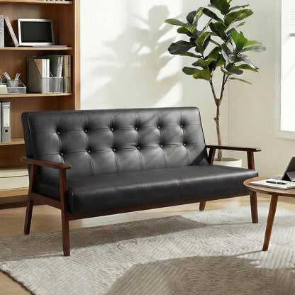 50" W Solid Wood Loveseat Sofa, Upholstered Faux Leather Couch9