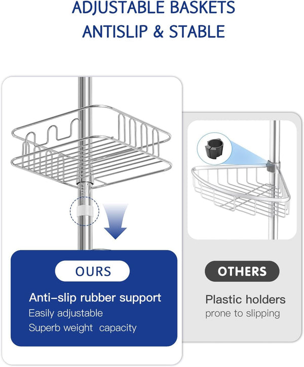 Rustproof Shower Caddy Corner and Shower Organizer Corner for Bathroom,Corner Shower Caddy Tension Pole with 4 Adjustable Baskets for Shower Accessories, 34 to 116 Inch Height, Silver7