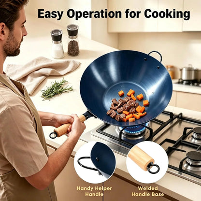 Carbon Steel Wok, 13.5" Woks & Stir-Fry Pans Nonstick, Pre-Seasoned Flat Bottom Wok for BBQ, Grill, Outdoor & Camping, Compatible with Induction, Electric, Gas, Open Fire, Deep Blue3