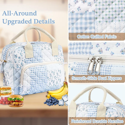 Quilted Lunch Box for Women, Insulated Lunch Bag for Adult,Cute Lunch Tote Bags for Work Picnic Travel(Green Blue Pin,M)3