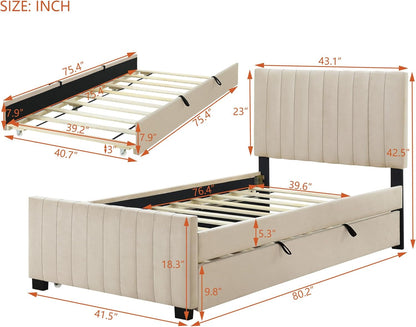 Twin Size Velvet Upholstered Platform Bed, Wood Bed Frame with Twin Size Trundle, Beige2