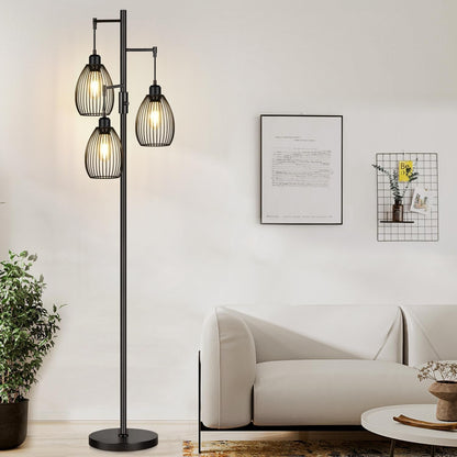 Dimmable Floor Lamp, 3 X 800LM LED Edison Bulbs Included, Farmhouse Industrial Floor Lamp Standing Tree Lamp with Elegant Teardrop Cage Tall Lamps for Living Room Bedroom Office Dining Room-Black1