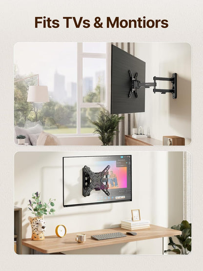 Full Motion Small TV Wall Mount for 13-43 Inch Tvs up to 44 Lb | ±90° Swivel, +5°/-15° Tilt, Landscape/Portrait Rotation; Extends 14.6 In, 4X Load Tested, VESA 200X200 Mm, Single-Stud Mount10