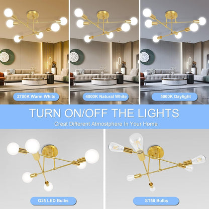 Modern Sputnik Chandelier, 6-Lights Ceiling Light Fixtures Gold5