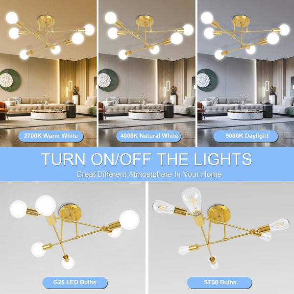 Modern Sputnik Chandelier, 6-Lights Ceiling Light Fixtures Gold5