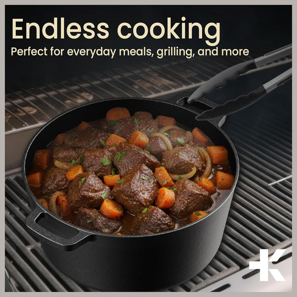 Bakken 2-In-1 Cast Iron Dutch Oven Pot with Skillet Lid, 5QT Pre-Seasoned Dutch Oven for Bread Baking, Roasting & Campfire Cooking, Heavy-Duty Indoor & Outdoor Use with Easy-Grip Dual Handles3