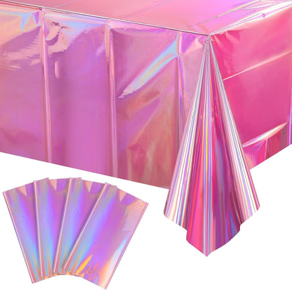 4 Pack Iridescent Pink Plastic Tablecloths,  Shiny Disposable Laser Rectangle Table Covers, Holographic Foil Tablecloth Iridescent Party Decorations for Kpop Birthday Wedding Xmas, 54X108Inch1