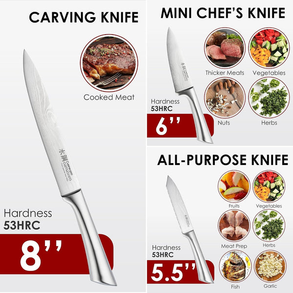Damashiro Knife Block (Hiryu, 10-Piece Set) - Premium Japanese Steel Knife Set with Acacia Wood Block & Tempered Glass Window - Damascus-Inspired Blade6