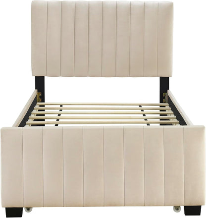 Twin Size Velvet Upholstered Platform Bed, Wood Bed Frame with Twin Size Trundle, Beige5
