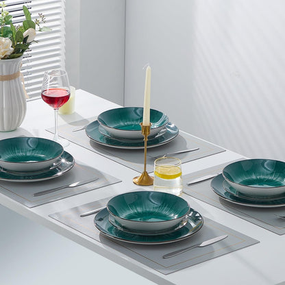 12 Piece round Kitchen Dinnerware Sets,Plates and Bowls Sets,Dishes, Plates, Bowls, Dish Set，Plates and Bowls,Service for 4, Chip Resistant Porcelain ，Starburst Turquoise Green7