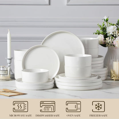 24 Pieces Porcelain Dinnerware Set, Modern White Dish Set for 8, Premium Serving Plates and Bowls Sets, Chip and Scratch Resistant Dishware Sets Kitchen Dishes Dining Ware Set, Series LEAH4