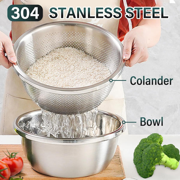 304 Stainless Steel Colander 2QT Microporous Colander & Mixing Bowl for Kitchen Cooking,Rice Strainer with Washing Bowl for Pasta Straining,Fruit Washing,Vegetable Draining(2Pcs)2