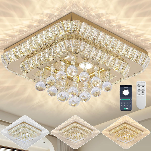 26 Inch Gold Flush Mount Chandelier, Crystal Chandeliers LED Ceiling Light1