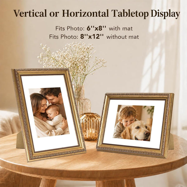 8X12 Vintage Picture Frame with 6X8 Mat, Elegant Retro 8 by 12 Photo Frame with Shatter-Resistant Plexiglass for Wall or Tabletop Display, Gallery Decor & Gift, Gold, 1 Pack5