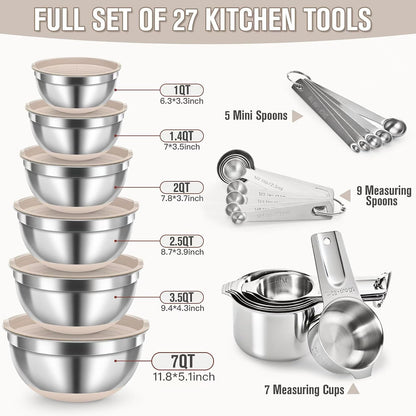 7QT 30PCS Mixing Bowls with Lids Set, 7QT to 1QT Stainless Steel Nesting Bowls with Graters, Non-Slip Silicone Bottom, Large Khaki Bowls & 21 Measuring Cups and Spoons Set Kitchen Appliances2