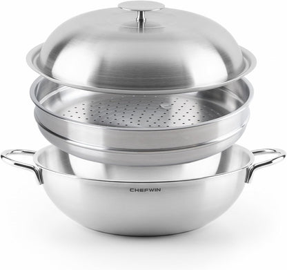 316 Stainless Steel Heavy Duty 12.6 Inch 6.3 Quart Wok Pan with Lid and Steamer, Stir Fry Pan, 5Ply, Induction Cookware, Dishwasher Safe, Oven Safe1