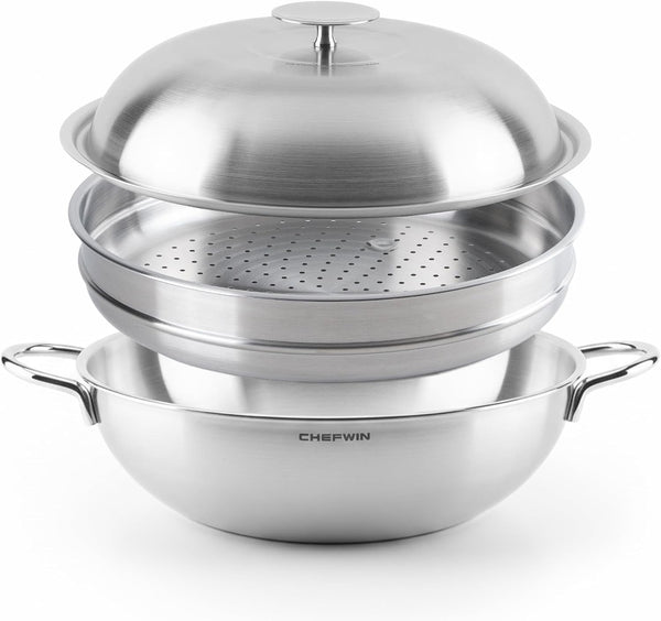 316 Stainless Steel Heavy Duty 12.6 Inch 6.3 Quart Wok Pan with Lid and Steamer, Stir Fry Pan, 5Ply, Induction Cookware, Dishwasher Safe, Oven Safe1