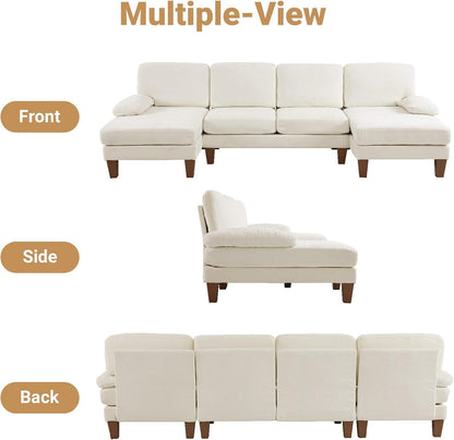 110" Sectional Couches for Living Room,U Shaped Couch with Double Chaise, 4-Seat Sofa Set with Chenille Fabric for Home Furniture,Beige5
