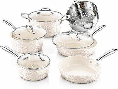 Hammered 10 Pc Pots and Pans Set Non Stick Ceramic Cookware | Heavy Duty 3.0MM Gauge, Non Toxic PFOA/PTFE/PFOS Free Ceramic & Titanium, Induction Compatible, Oven & Dishwasher Safe1
