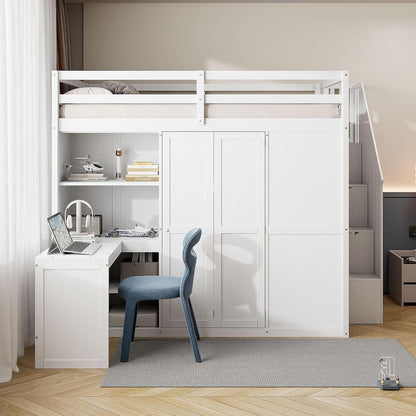 Full Size Loft Bed, Wood Bedframe with Wardrobe, Storage Stairs, Desk and Shelves for Kids Teens Adults Bedroom, White3