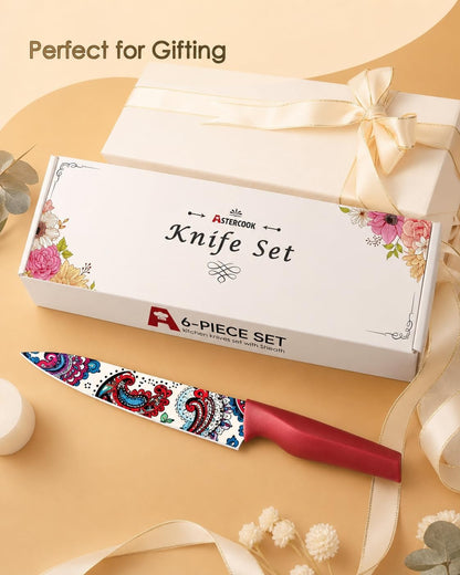 Paisley Pattern Knife Set with Cover | Dishwasher Safe, 6 Knife Sheath, German Stainless Steel, Rainbow Colorful Design7