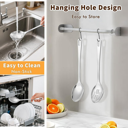 2 Pcs Stainless Steel Cooking Spoons Set, Solid & Slotted Metal Serving Spoons, Heavy Duty Sturdy Large Soup Ladle, High Heat Resistant Kitchen Cooking Utensils for Mixing, Stirring, Easy to Clean5
