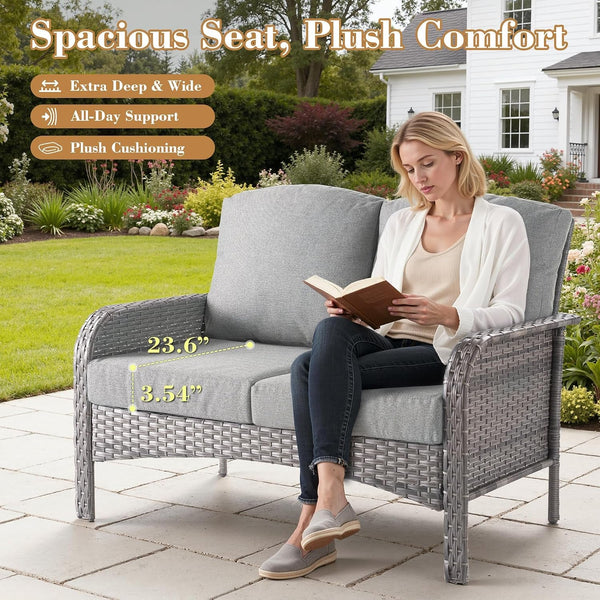 5 Pieces Patio Furniture Set, All Weather Rattan Patio Conversation Sets with Swivel Rocking Chairs, Coffee Table, High Back Outdoor Furniture Loveseat for Porch, Backyard,Dark Grey4